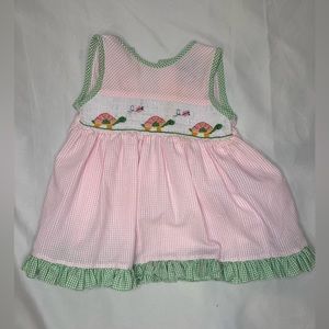 Carriage Boutiques Pink & Green Piped Smocked Turtle Butterfly Girl Dress 6 mo